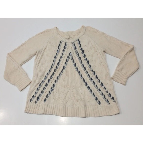 Thistle & Lavender Ivory Cable Knit Blue Ribbon Pullover Sweater Woman's Size XL - Picture 3 of 9